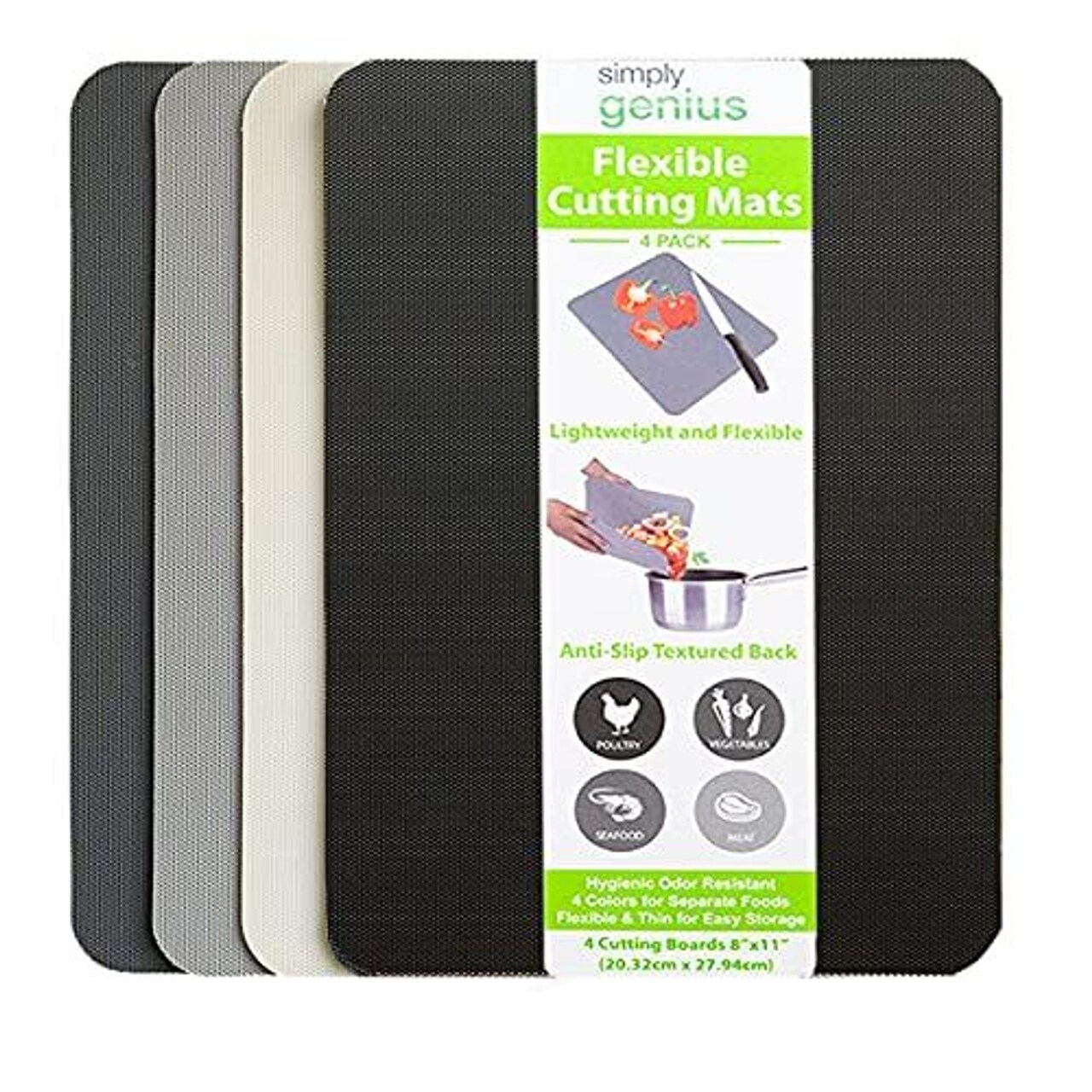 Simply Genius Rectangular Cutting Board Set - Color-Coded Cutting Mats for Kitchen - Dishwasher-Safe Plastic Chopping Board - Pack of 4, 8 x 11 in, Light Gray